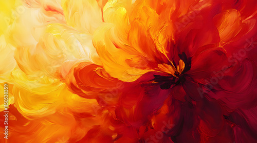 A bold hand-painted abstract floral canvas with oversized petals in vivid red orange and yellow tones radiating energy.