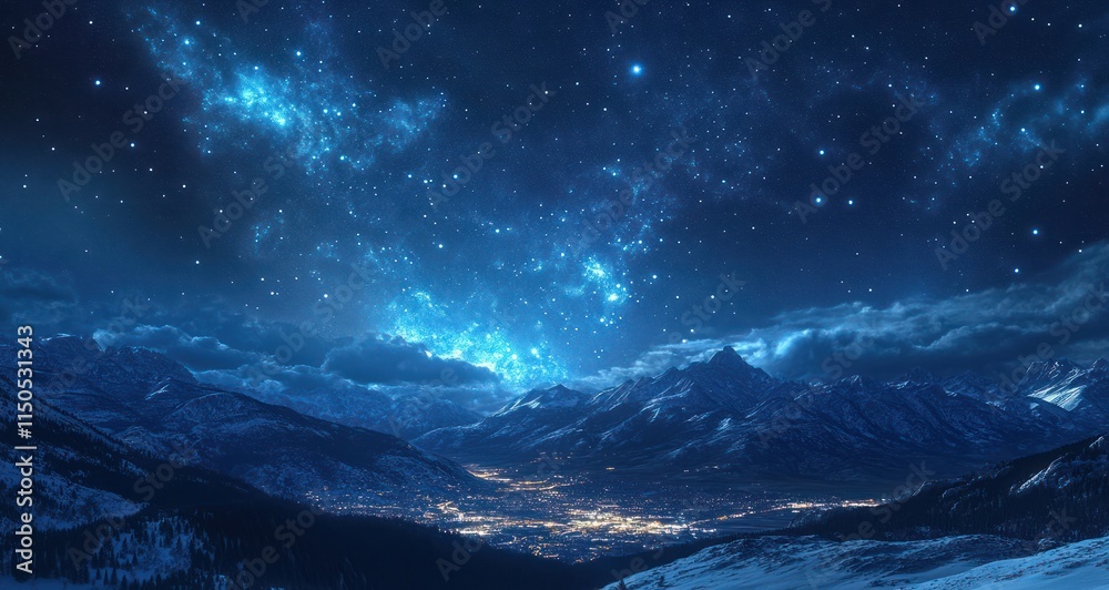 Naklejka premium Night Sky Over Snowy Mountains and Valley Town