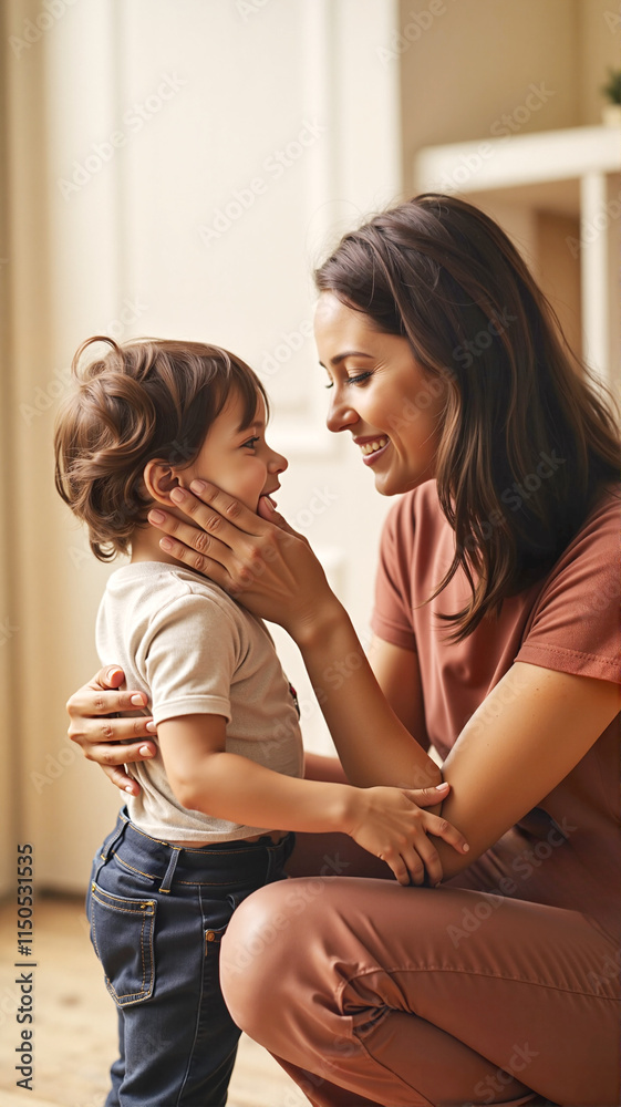 Caucasian young mother smiling at happy child indoors Caucasian young mother smiling at happy child indoors