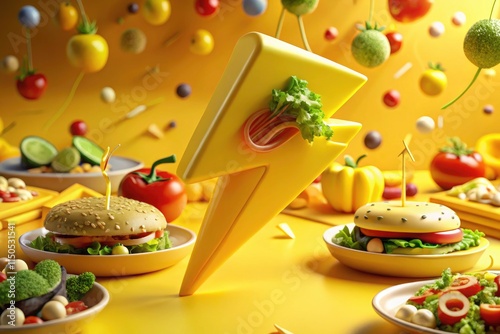 Playful 3D cartoon lightning bolts electrify vibrant, plastic-style food photography.