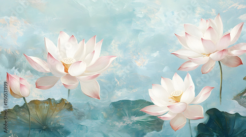 A calming floral painting featuring lotus flowers in shades of soft pink and white with flowing brushstrokes on a light blue canvas. photo