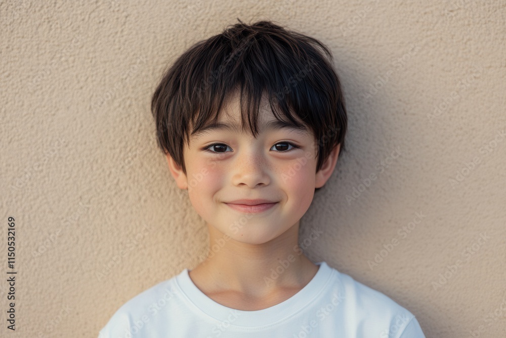 Cheerful young boy smiling in front of a wall - joyful child's expression for family and childhood themes. Cheerful young boy smiling in front of a wall - joyful child's expression for family and childhood themes.