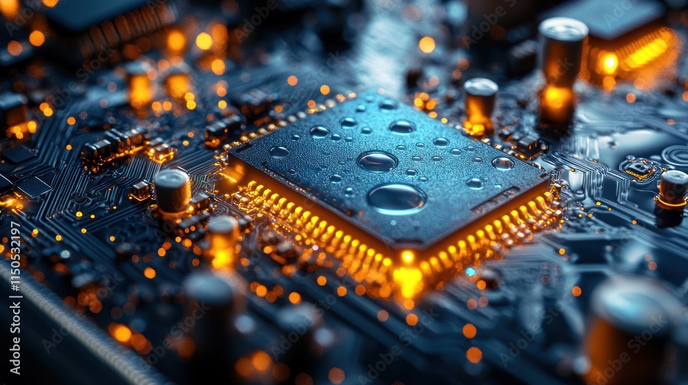 Close-up view of a circuit board with a chip covered in water droplets, glowing with an orange light. Close-up view of a circuit board with a chip covered in water droplets, glowing with an orange light.