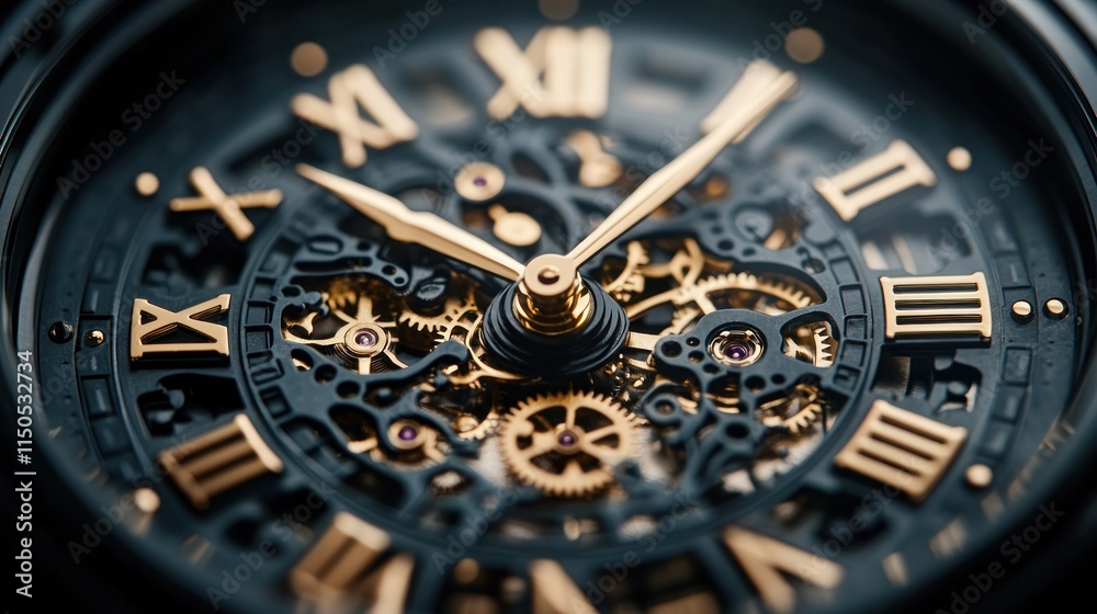 Close-up view of a mechanical watch's intricate inner workings, featuring Roman numerals and golden gears. Close-up view of a mechanical watch's intricate inner workings, featuring Roman numerals and golden gears.
