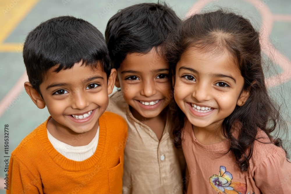 Three joyful children smiling together in a colorful school playground during a sunny day Three joyful children smiling together in a colorful school playground during a sunny day