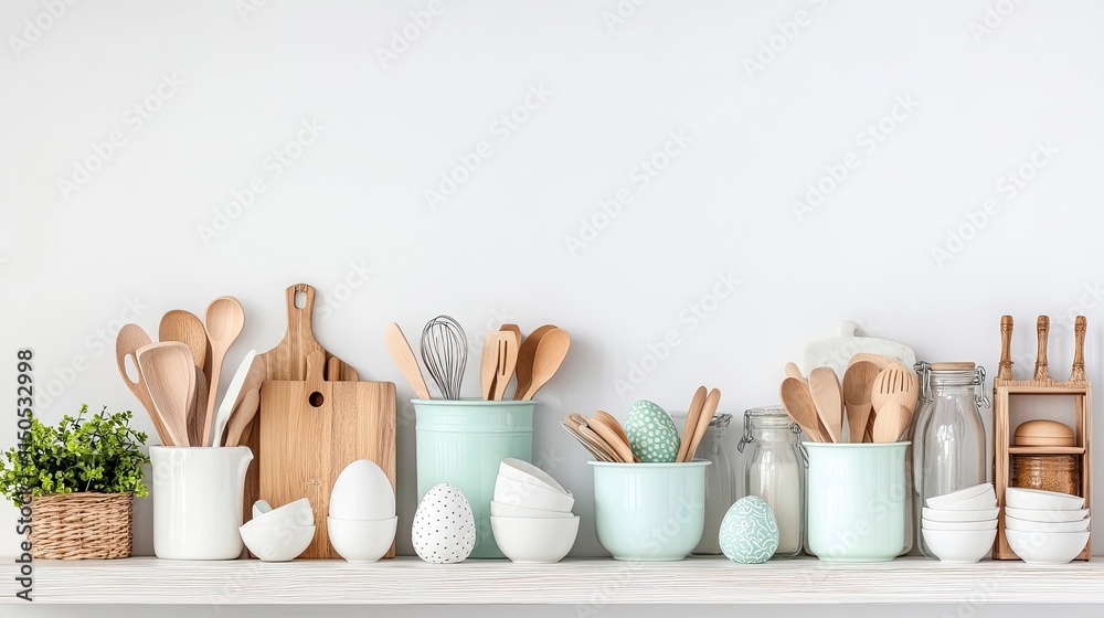 Easter theme kitchenware, utensils and decor on a white shelf or counter. Banner against a white wall background with copy space. Spring home kitchen cooking concept. Easter theme kitchenware, utensils and decor on a white shelf or counter. Banner against a white wall background with copy space. Spring home kitchen cooking concept.