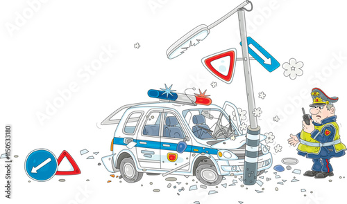 Puzzled traffic policeman and road accident with a police patrol car that crashed into a signpost, vector cartoon illustration isolated on a white background