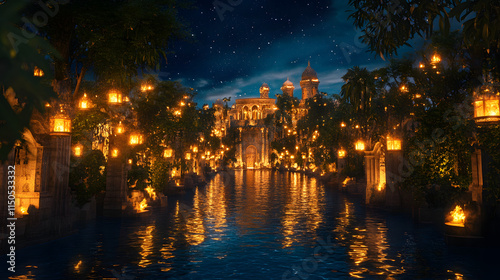 An artistic depiction of the Hanging Gardens of Babylon under a starlit sky illuminated by soft torchlight reflecting off the water. photo