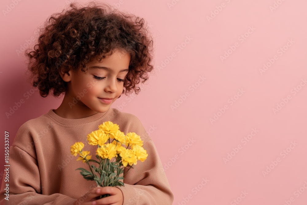 Child holding a bouquet of bright yellow flowers against a pink background with a gentle expression Child holding a bouquet of bright yellow flowers against a pink background with a gentle expression
