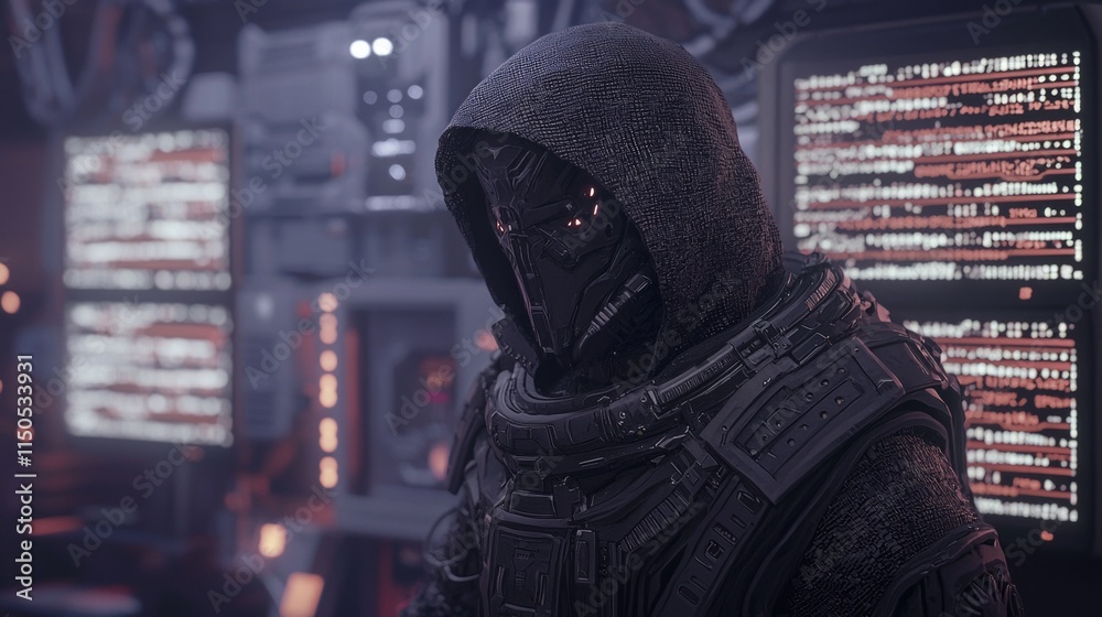 Digital Cyberpunk: Futuristic Hacker in Intense Focus Amid Code-Filled Screens in Dark Room - 3D Render Ultra-Detailed Image
