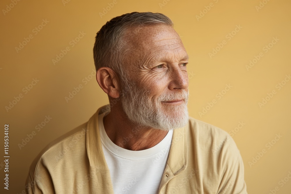 Older man with beard smiling softly in a warm-toned setting during daytime Older man with beard smiling softly in a warm-toned setting during daytime