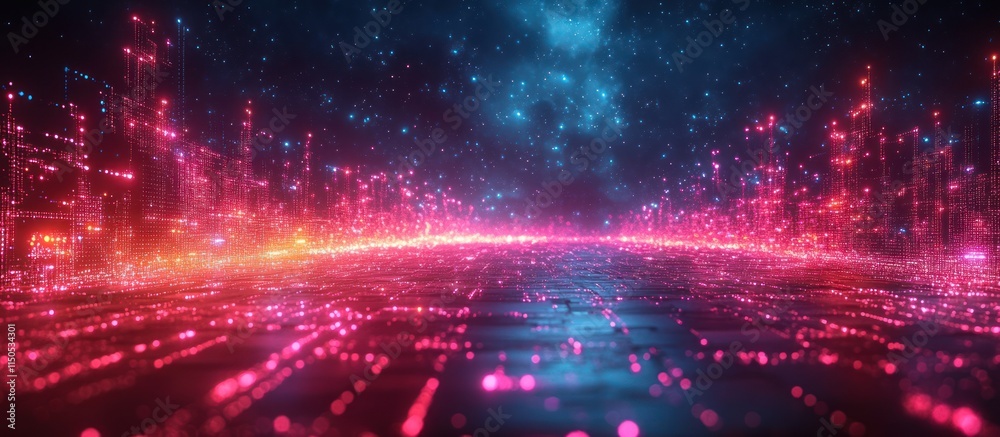 Fototapeta premium Futuristic neon cityscape with glowing lights.