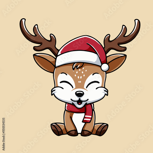 illustration of a cute christmas reindeer with a happy expression, and wearing a christmas scarf and hat. With an isolated blue background. Great for logos, t-shirt designs, greeting cards, etc