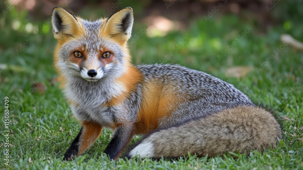 Fototapeta premium Gray fox sitting in green grass, looking at camera.