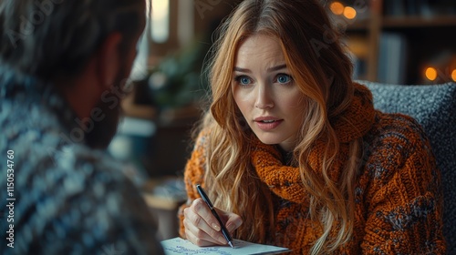 Wallpaper Mural Young woman engages in deep conversation while taking notes in cozy setting Torontodigital.ca