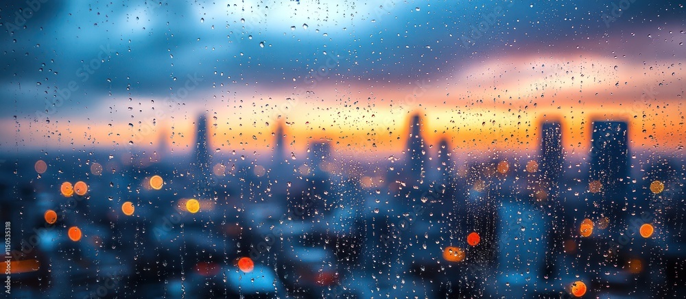 Fototapeta premium Rainy cityscape viewed through window with raindrops.