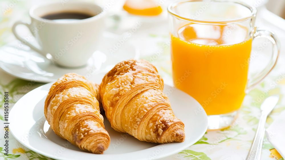 Breakfast with croissant, tea and orange juice on table generated.AI Breakfast with croissant, tea and orange juice on table generated.AI