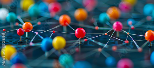 Network of colorful pins connected to each other, illustrating a concept of interconnectivity and creative networking.