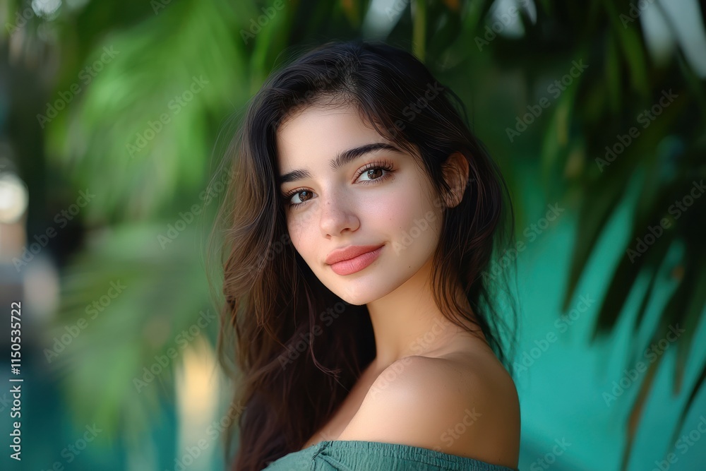 Young Woman Smiling Against Lush Green Foliage Young Woman Smiling Against Lush Green Foliage