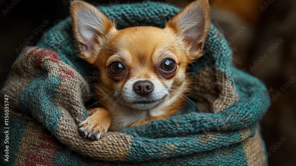 Adorable chihuahua wrapped in cozy blanket with big eyes Adorable chihuahua wrapped in cozy blanket with big eyes