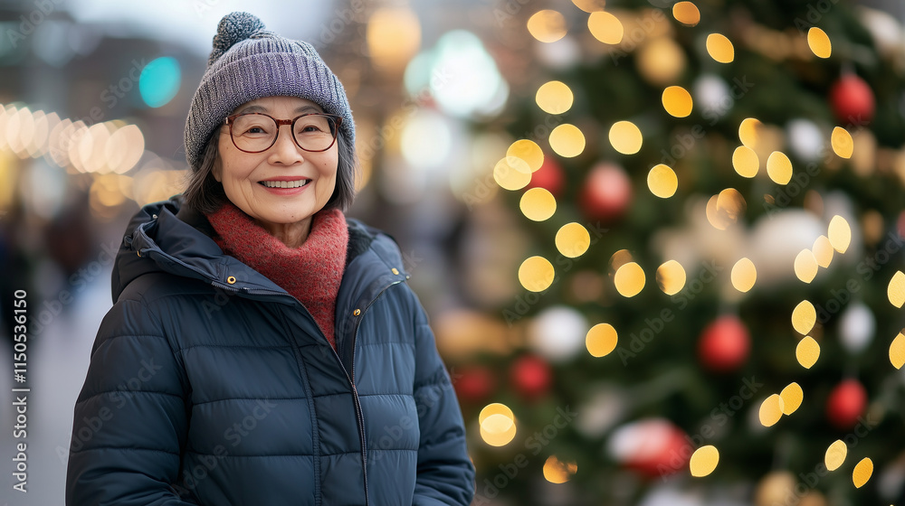 A 65-year-old woman dressed in winter 2025 style, sporting an oversized puffer jacket, hat, glasses, and chunky boots, standing by a beautifully decorated New Yearâs tree in downto A 65-year-old woman dressed in winter 2025 style, sporting an oversized puffer jacket, hat, glasses, and chunky boots, standing by a beautifully decorated New Yearâs tree in downto