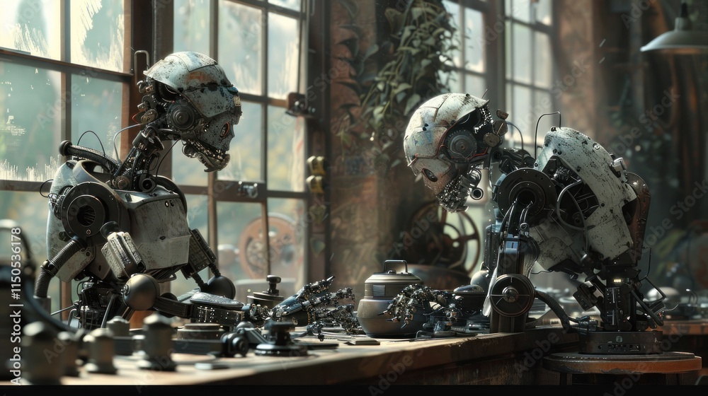 Fototapeta premium Two Rusty Robots in a Workshop