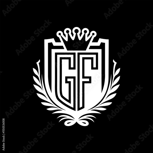 GF Letter logo heraldic shield shape with crown on black background template design