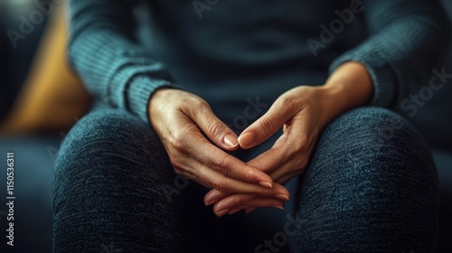 Hands resting on knees in contemplation during a quiet moment at home
