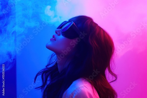 Woman in Her 30s Wearing VR Glasses, Tilting Her Head Upward Under Neon Blue and Pink Lighting with Abstract Background in Gigapixel Detail photo