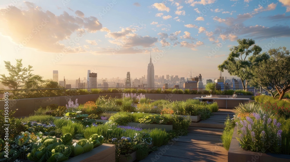 Obraz premium Urban Rooftop Garden with City Skyline at Sunset
