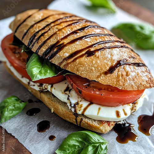 A fresh and flavorful caprese sandwich with tomatoes, mozzarella, basil photo