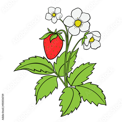 Illustration of a Colorful Strawberry Bush with Berries, Flowers and Leaves