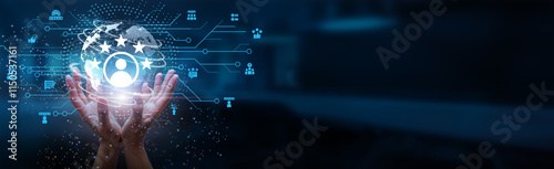 Hands holding globe with network connecting data of customer satisfaction and business performance, consumer behavior, market trends, digital transformation, sustainability, and global development.