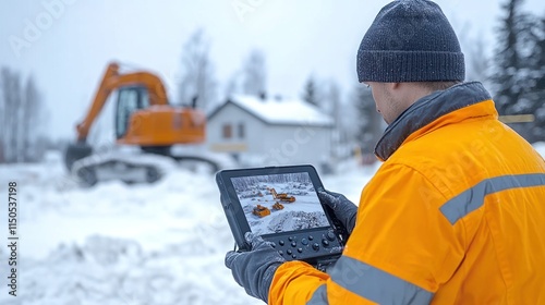 Construction worker reviewing snow removal machine video feed in winter. photo