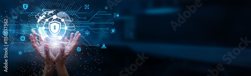 Hands holding globe with network connecting data of Network Security, including encryption, firewalls, authentication, intrusion detection, access control, secure protocols, and threat management. photo