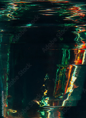 Damaged film. Distressed foil overlay. Green orange color flare glitch artifacts water surface reflect light effect scratch texture dark illustration art abstract background.