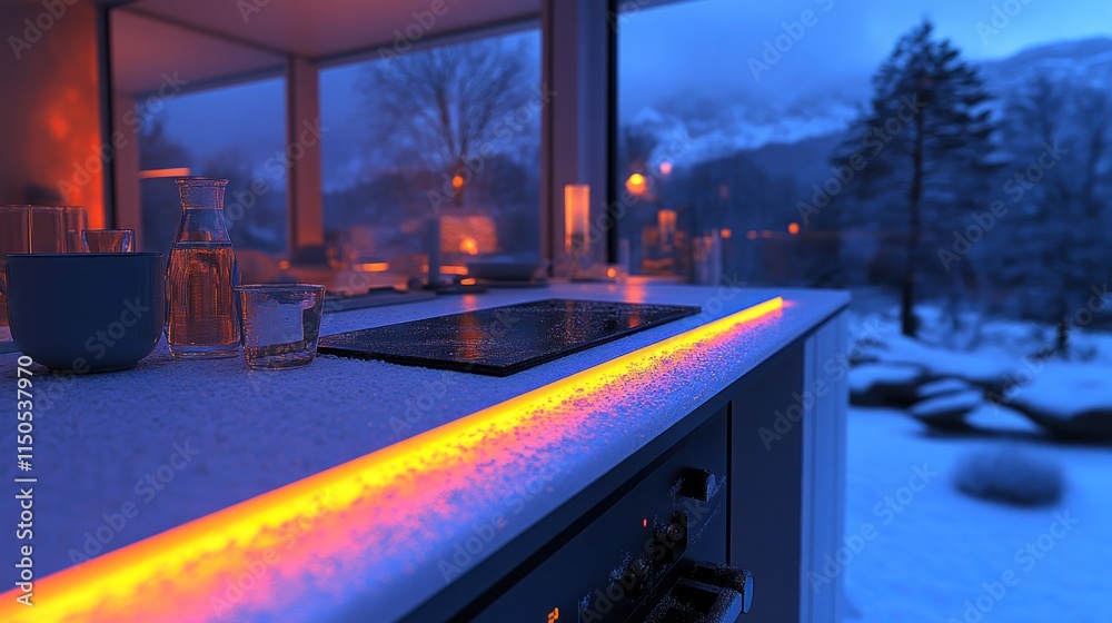 Cozy winter kitchen with snow-covered countertop and warm lighting overlooking a snowy landscape. Cozy winter kitchen with snow-covered countertop and warm lighting overlooking a snowy landscape.