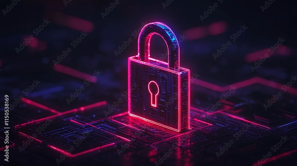 Glowing padlock on digital circuit board, representing cybersecurity.