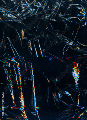 Glitch noise overlay. Damaged screen. Dust scratch texture. Blue orange white color light flare digital artifacts waves creased film effect dark illustration art abstract background.