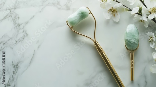 A jade roller and gua sha tool on a marble surface, used for skincare and facial massage. photo