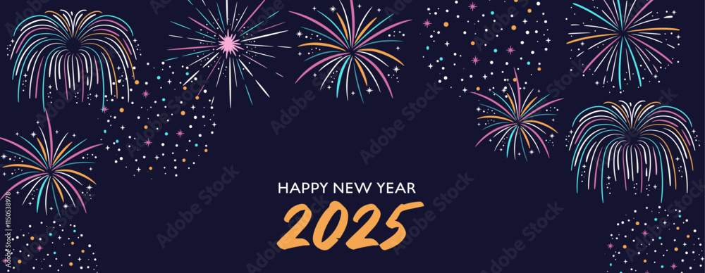2025 Happy New Year. Colorful fireworks on blue background. Holiday banner template. 