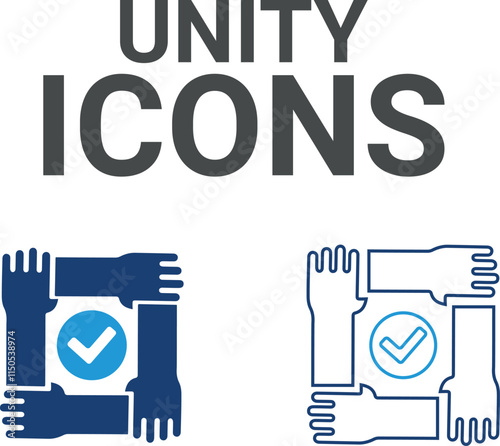 Unity icons. Contains friends, groups of friends, socialize, friendly, cheers, trust, support,t, and best friends icons. Solid icon collection. Vector illustration.