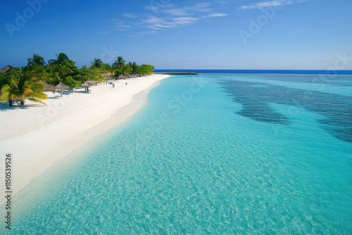 Tropical beach with white sand meeting crystal clear turquoise water in the maldives