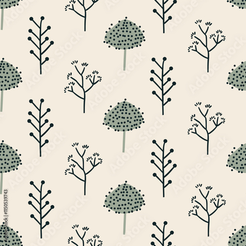 Seamless trendy pattern with abstract scandi trees , flat style illustration on light background