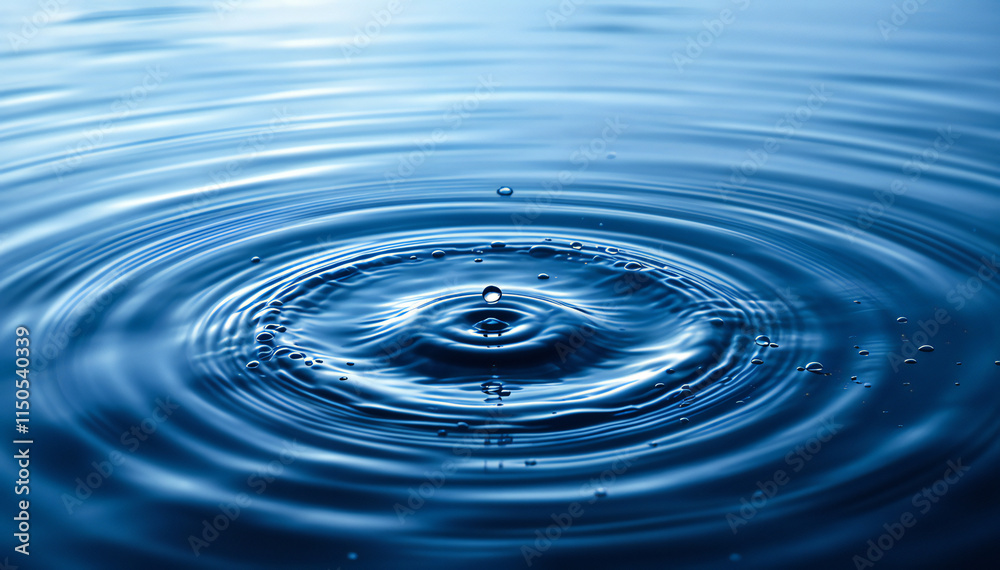 Ripples in blue water with a single droplet create concentric circles, reflecting sunlight and creating a smooth texture. Ripples in blue water with a single droplet create concentric circles, reflecting sunlight and creating a smooth texture.
