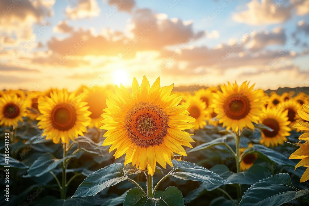 Fototapeta premium Sunflowers blooming in field at sunset with cloudy sky