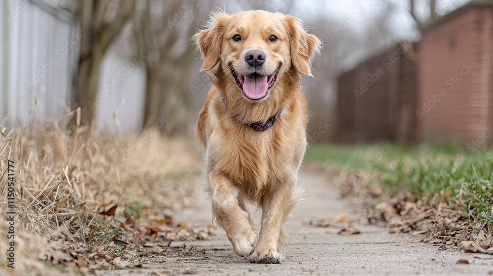 Golden retriever joyfully running on a leaf-lined path in autumn Golden retriever joyfully running on a leaf-lined path in autumn