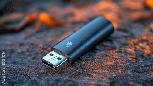 Dark gray USB-C flash drive on rough stone, fire background.