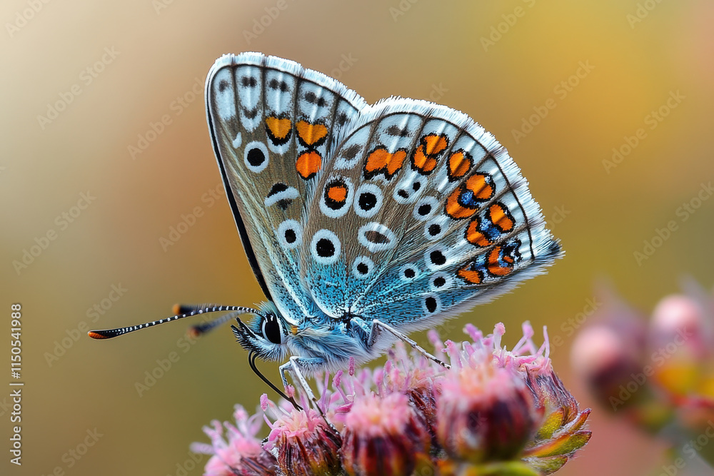 Fototapeta premium Beautiful butterfly with orange and black spots feeding on pink flower
