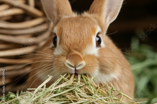 Cute brown rabbit munching on hay in a cozy indoor setting surrounded by natural materials